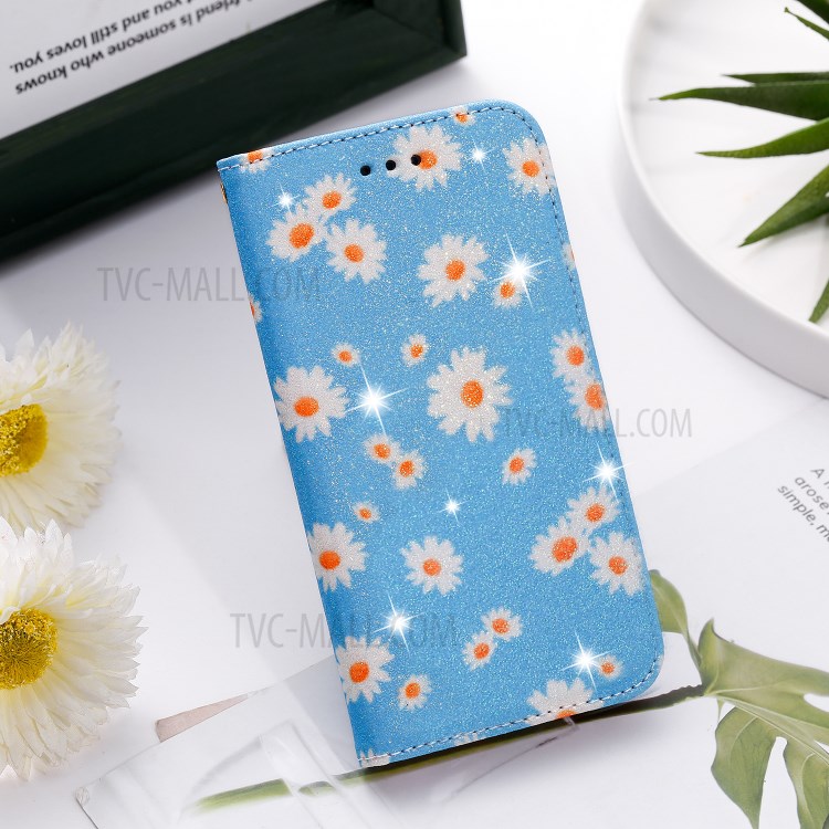 Daisy Pattern Flash Powder Stand Leather Card Holder Shell for iPhone 11 Pro Max 6.5 inch - Blue-10