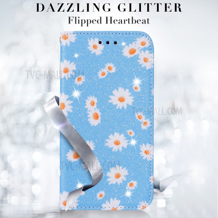 Daisy Pattern Flash Powder Stand Leather Card Holder Shell for iPhone 11 Pro Max 6.5 inch - Blue-11