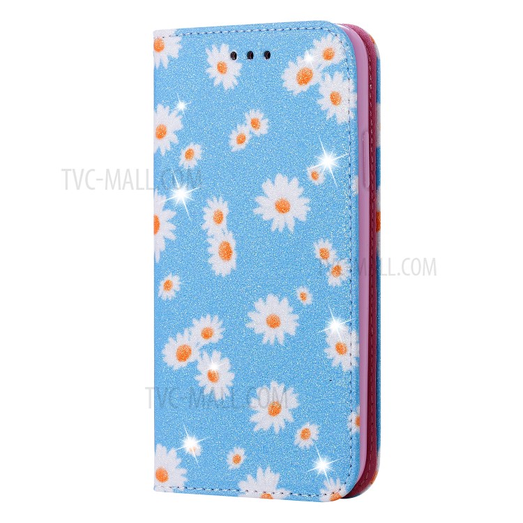 Daisy Pattern Flash Powder Stand Leather Card Holder Shell for iPhone 11 Pro Max 6.5 inch - Blue-2