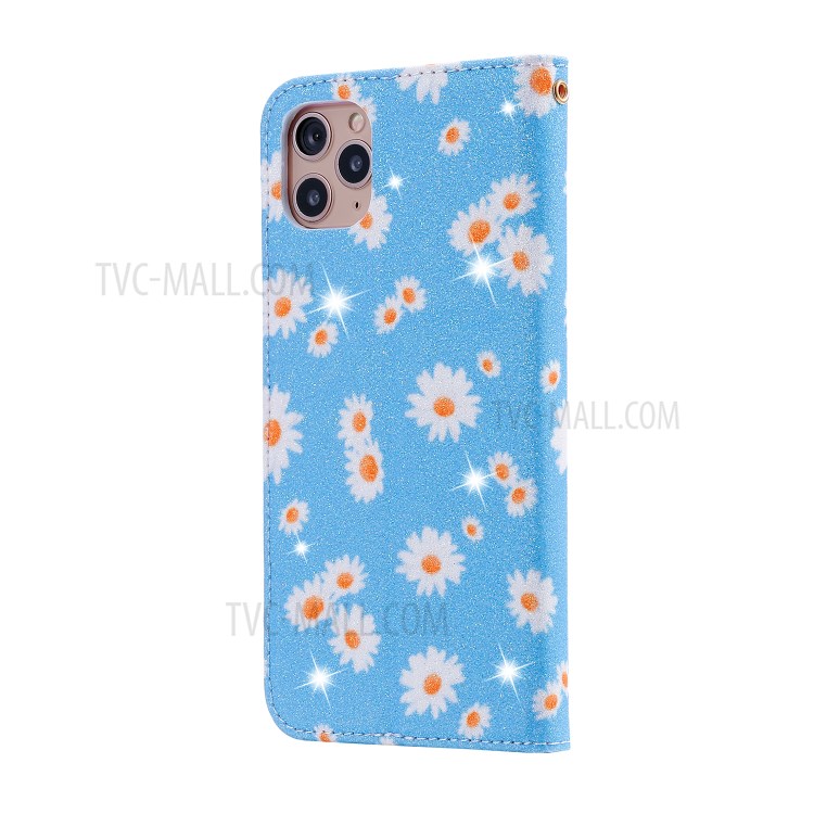Daisy Pattern Flash Powder Stand Leather Card Holder Shell for iPhone 11 Pro Max 6.5 inch - Blue-3