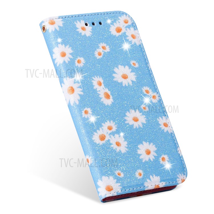 Daisy Pattern Flash Powder Stand Leather Card Holder Shell for iPhone 11 Pro Max 6.5 inch - Blue-4