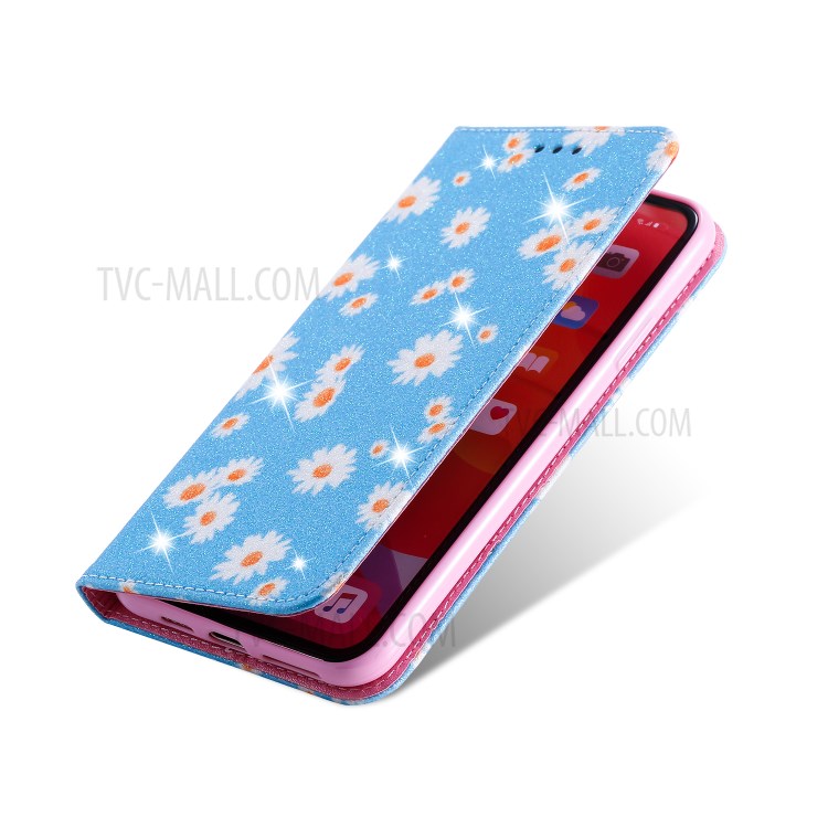 Daisy Pattern Flash Powder Stand Leather Card Holder Shell for iPhone 11 Pro Max 6.5 inch - Blue-5