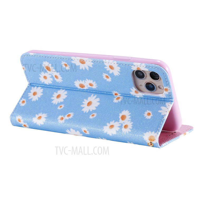 Daisy Pattern Flash Powder Stand Leather Card Holder Shell for iPhone 11 Pro Max 6.5 inch - Blue-7