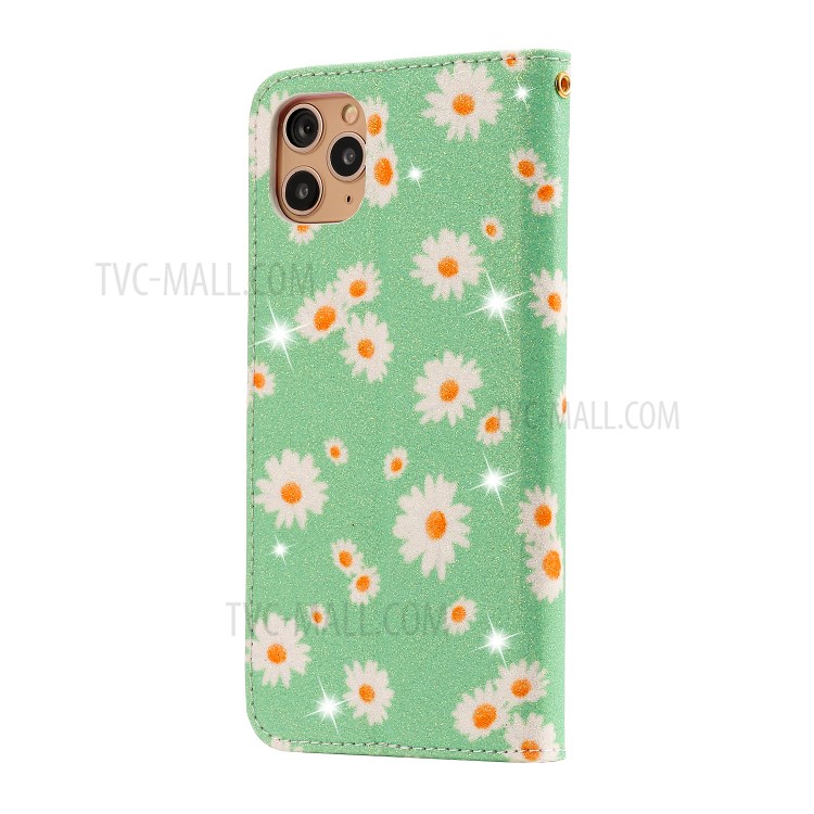 Daisy Pattern Flash Powder Stand Leather Card Holder Shell for iPhone 11 Pro Max 6.5 inch - Green-4