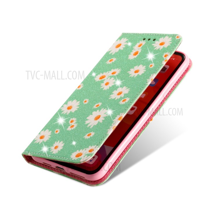 Daisy Pattern Flash Powder Stand Leather Card Holder Shell for iPhone 11 Pro Max 6.5 inch - Green-6
