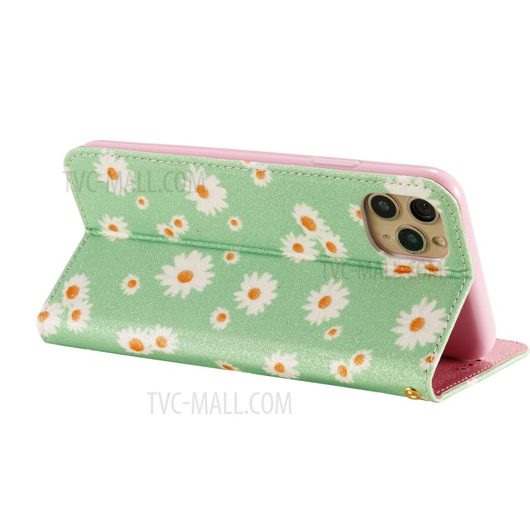 Daisy Pattern Flash Powder Stand Leather Card Holder Shell for iPhone 11 Pro Max 6.5 inch - Green-8