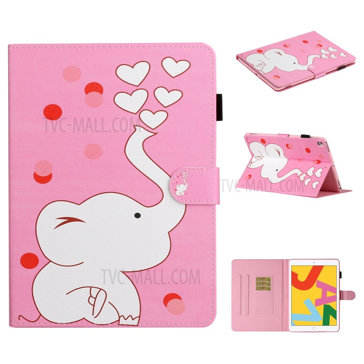 Pattern Printing PU Leather Card Holder Stand Tablet Cover for iPad 9.7-inch (2018)/(2017) / iPad Air 2 / iPad Air (2013) - Elephant and Heart-1