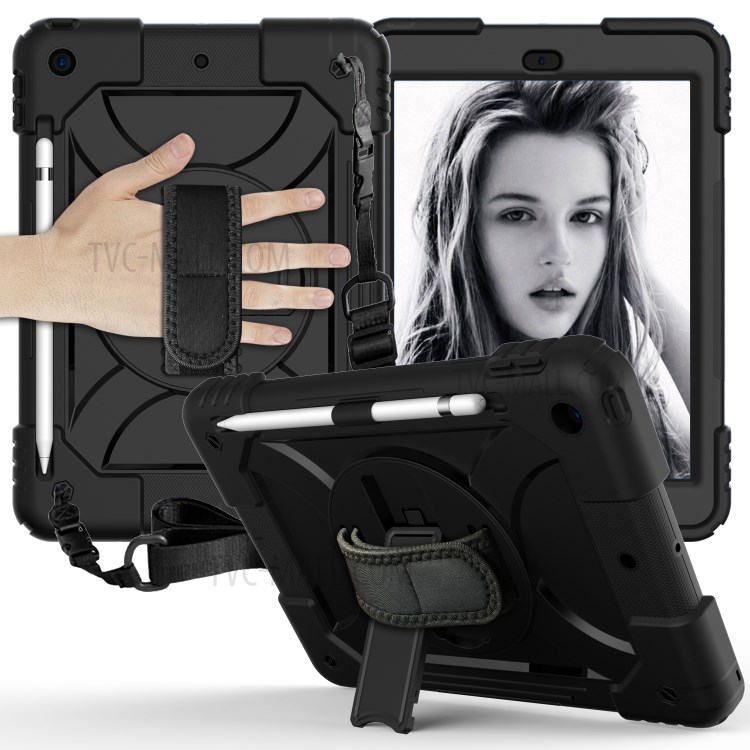 PC + TPU Hybrid Case with 360 Degree Swivel Kickstand Hand Strap and Shoulder Strap for iPad 10.2 (2019) - Black-1