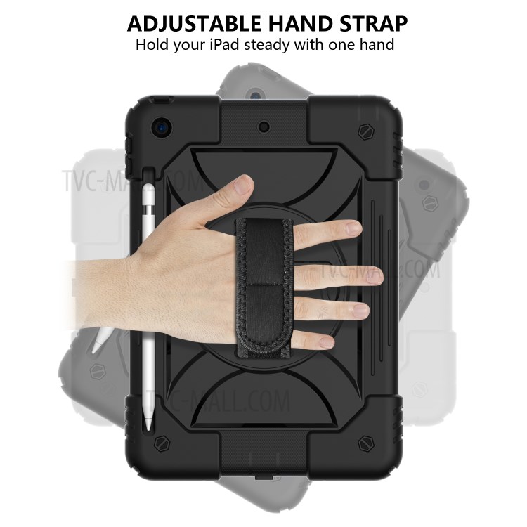 PC + TPU Hybrid Case with 360 Degree Swivel Kickstand Hand Strap and Shoulder Strap for iPad 10.2 (2019) - Black-2