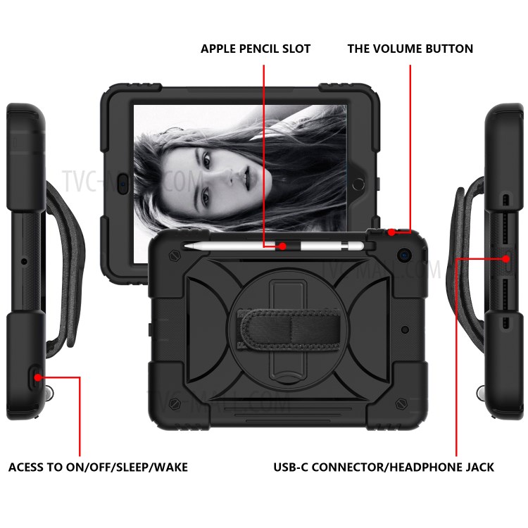 PC + TPU Hybrid Case with 360 Degree Swivel Kickstand Hand Strap and Shoulder Strap for iPad 10.2 (2019) - Black-3