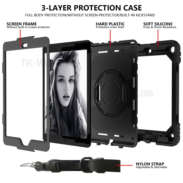 PC + TPU Hybrid Case with 360 Degree Swivel Kickstand Hand Strap and Shoulder Strap for iPad 10.2 (2019) - Black-4