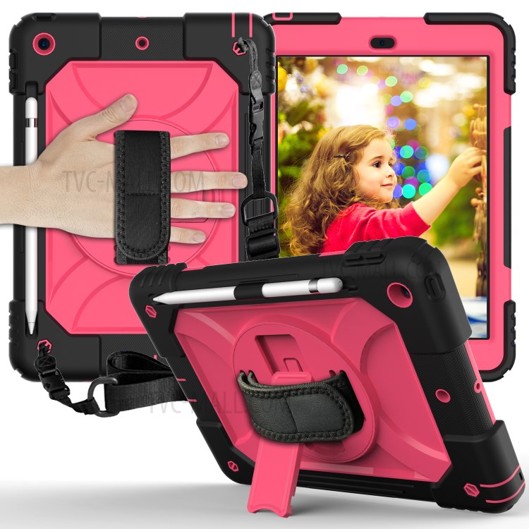 PC + TPU Hybrid Case with 360 Degree Swivel Kickstand Hand Strap and Shoulder Strap for iPad 10.2 (2019) - Rose-1
