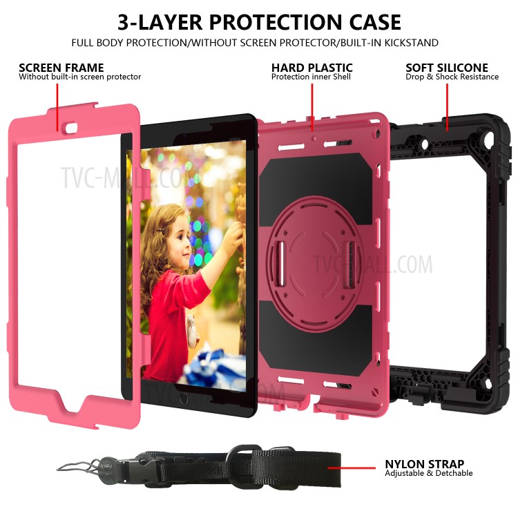 PC + TPU Hybrid Case with 360 Degree Swivel Kickstand Hand Strap and Shoulder Strap for iPad 10.2 (2019) - Rose-4