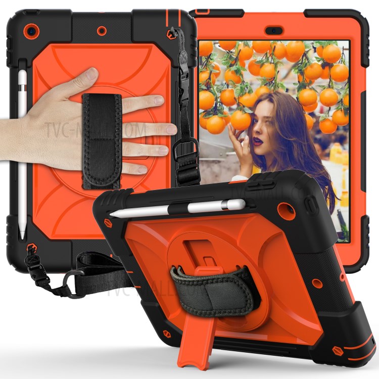 PC + TPU Hybrid Case with 360 Degree Swivel Kickstand Hand Strap and Shoulder Strap for iPad 10.2 (2019) - Orange-1