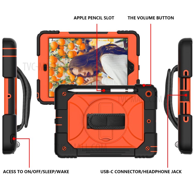 PC + TPU Hybrid Case with 360 Degree Swivel Kickstand Hand Strap and Shoulder Strap for iPad 10.2 (2019) - Orange-3