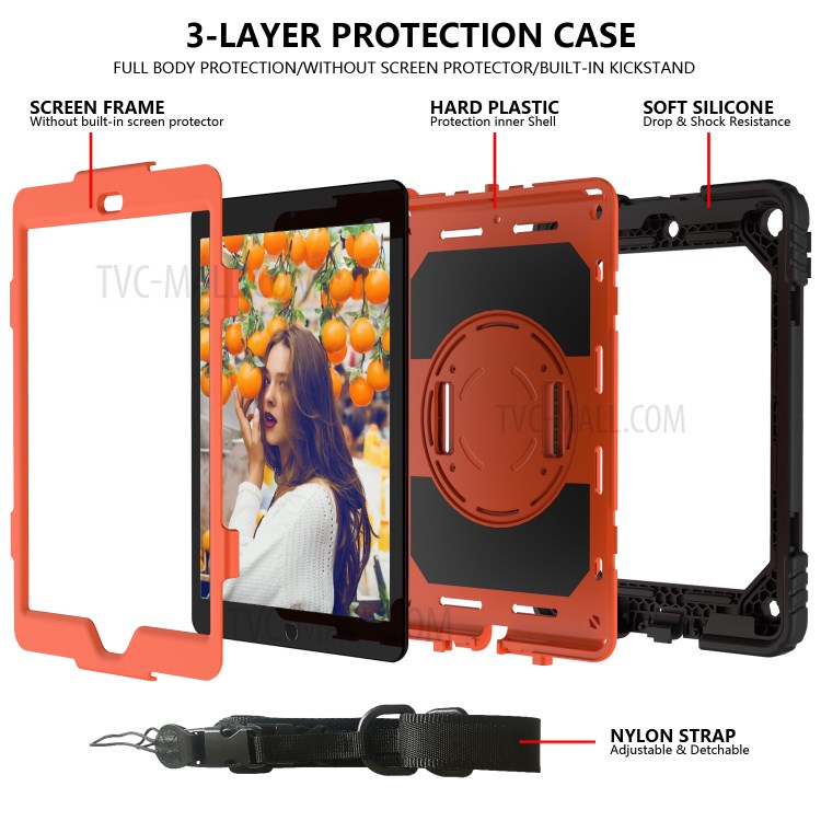 PC + TPU Hybrid Case with 360 Degree Swivel Kickstand Hand Strap and Shoulder Strap for iPad 10.2 (2019) - Orange-4