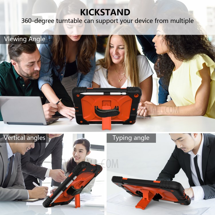 PC + TPU Hybrid Case with 360 Degree Swivel Kickstand Hand Strap and Shoulder Strap for iPad 10.2 (2019) - Orange-6