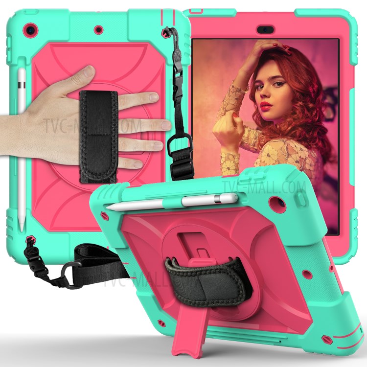 PC + TPU Hybrid Case with 360 Degree Swivel Kickstand Hand Strap and Shoulder Strap for iPad 10.2 (2019) - Green-1