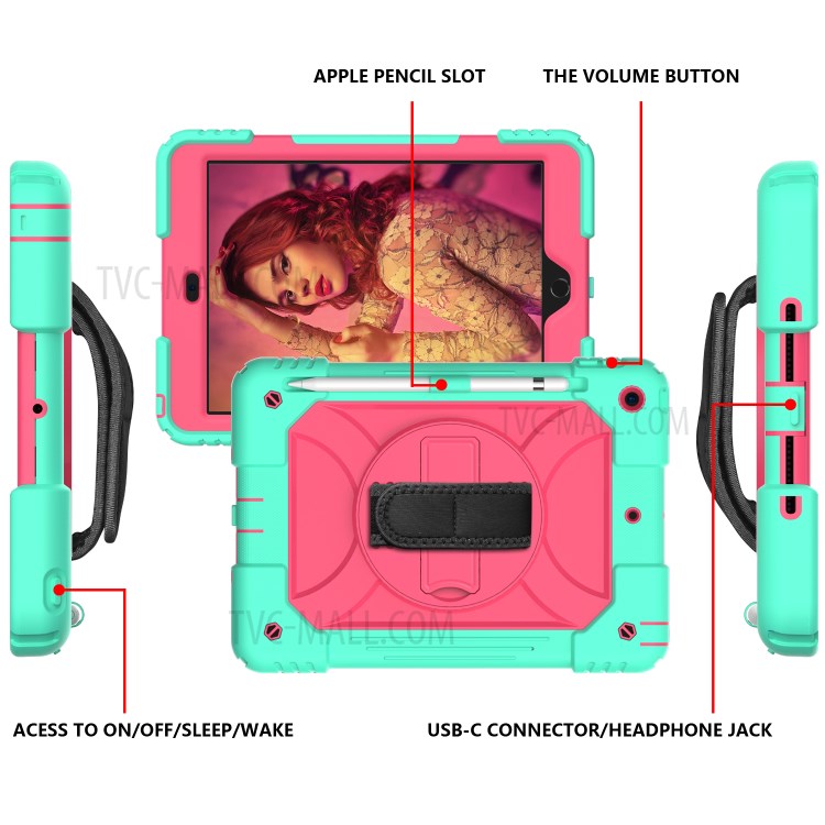 PC + TPU Hybrid Case with 360 Degree Swivel Kickstand Hand Strap and Shoulder Strap for iPad 10.2 (2019) - Green-3