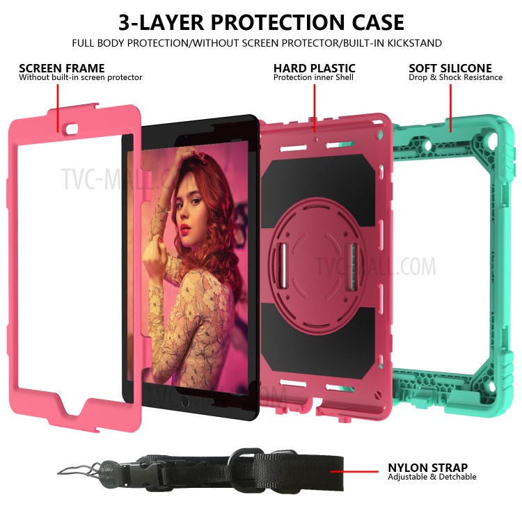 PC + TPU Hybrid Case with 360 Degree Swivel Kickstand Hand Strap and Shoulder Strap for iPad 10.2 (2019) - Green-4