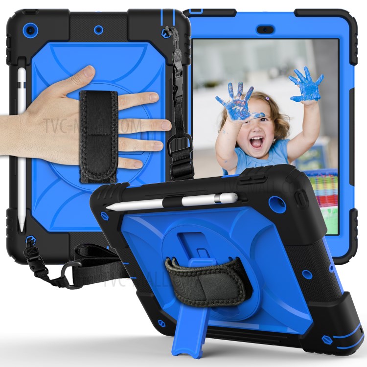 PC + TPU Hybrid Case with 360 Degree Swivel Kickstand Hand Strap and Shoulder Strap for iPad 10.2 (2019) - Black / Blue-1