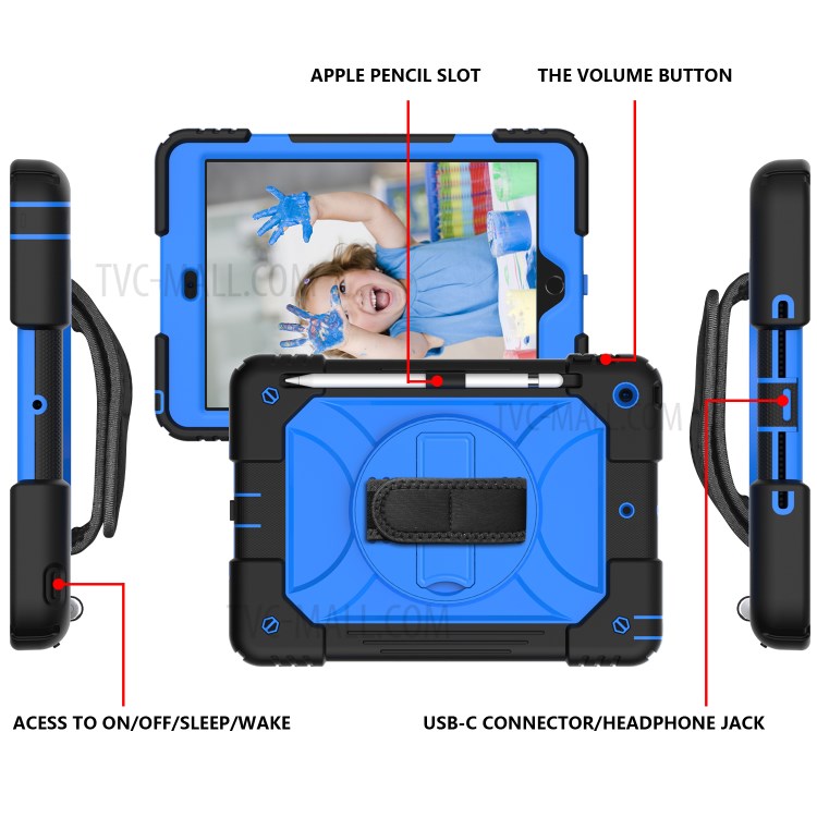 PC + TPU Hybrid Case with 360 Degree Swivel Kickstand Hand Strap and Shoulder Strap for iPad 10.2 (2019) - Black / Blue-3