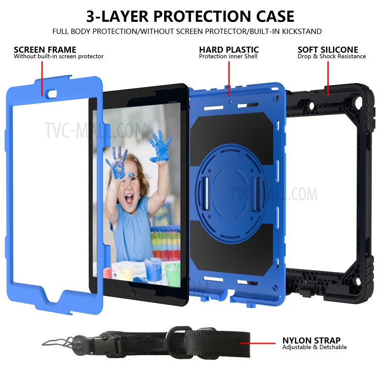 PC + TPU Hybrid Case with 360 Degree Swivel Kickstand Hand Strap and Shoulder Strap for iPad 10.2 (2019) - Black / Blue-4