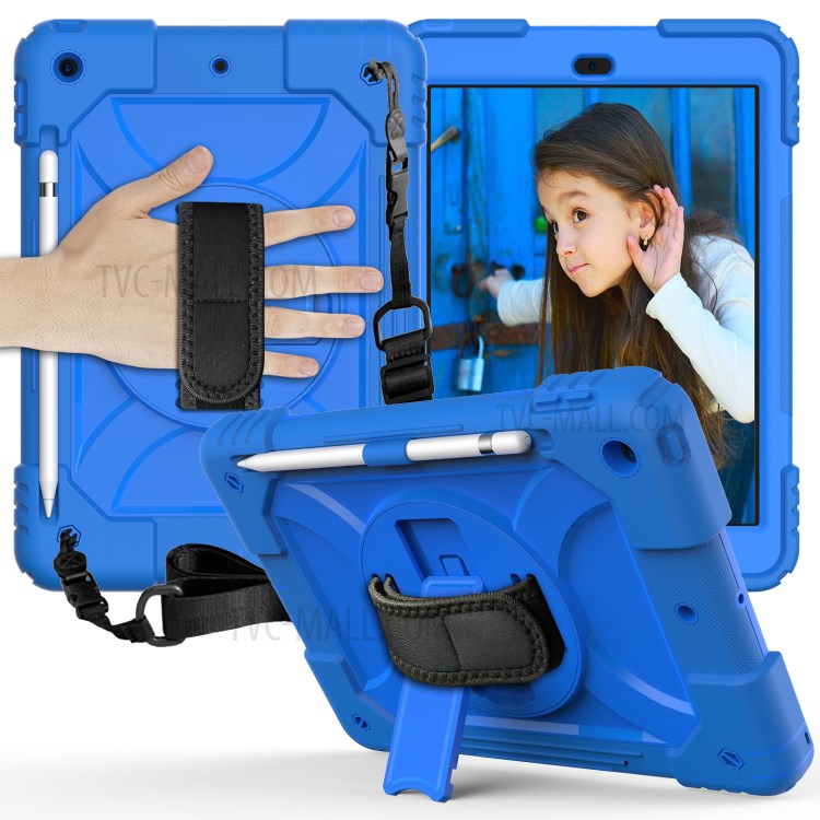 PC + TPU Hybrid Case with 360 Degree Swivel Kickstand Hand Strap and Shoulder Strap for iPad 10.2 (2019) - Blue-1