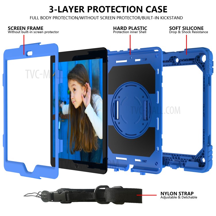 PC + TPU Hybrid Case with 360 Degree Swivel Kickstand Hand Strap and Shoulder Strap for iPad 10.2 (2019) - Blue-4
