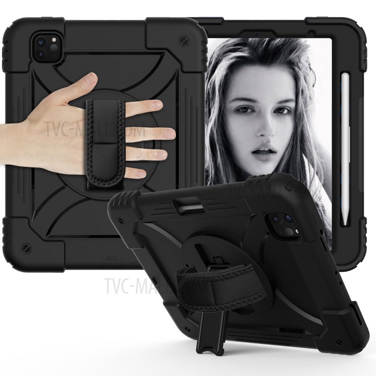 Color Splicing 360° Swivel Handy Strap Kickstand PC Silicone Tablet Shell with Shoulder Strap for iPad Pro 11-inch (2020)/(2018) - All Black-2