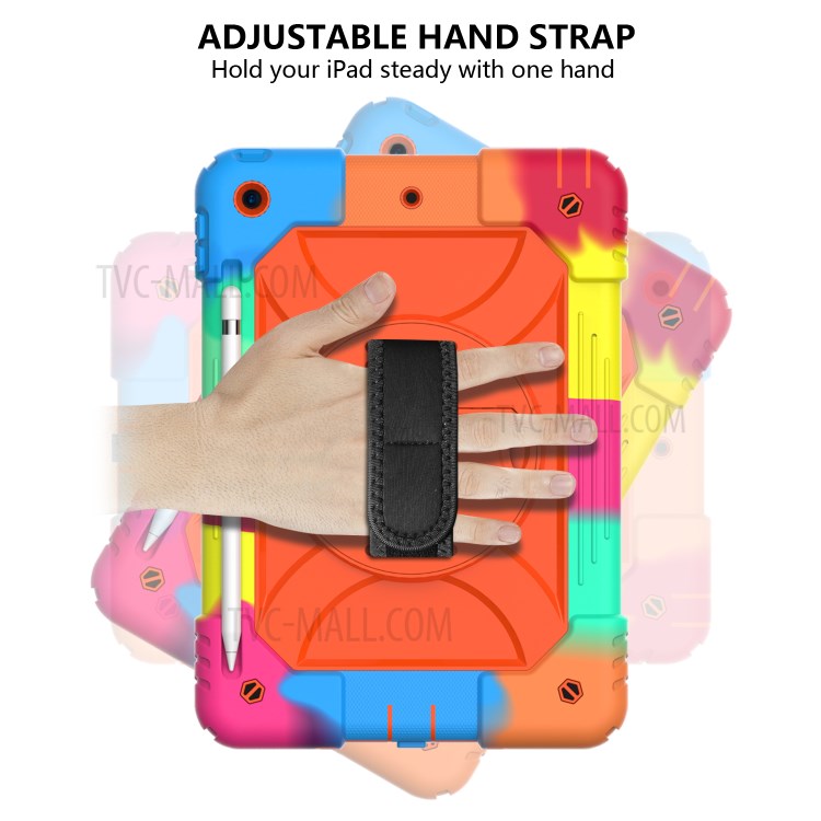 Rainbow Style 360° Swivel Handy Strap Kickstand PC Silicone Tablet Case with Shoulder Strap for iPad 10.2 (2019) - Rainbow/Orange-2