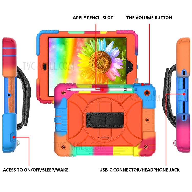 Rainbow Style 360° Swivel Handy Strap Kickstand PC Silicone Tablet Case with Shoulder Strap for iPad 10.2 (2019) - Rainbow/Orange-3