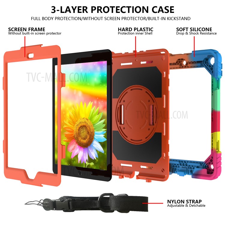 Rainbow Style 360° Swivel Handy Strap Kickstand PC Silicone Tablet Case with Shoulder Strap for iPad 10.2 (2019) - Rainbow/Orange-4