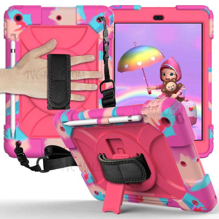 Rainbow Style 360° Swivel Handy Strap Kickstand PC Silicone Tablet Case with Shoulder Strap for iPad 10.2 (2019) - Rainbow/Rose-1