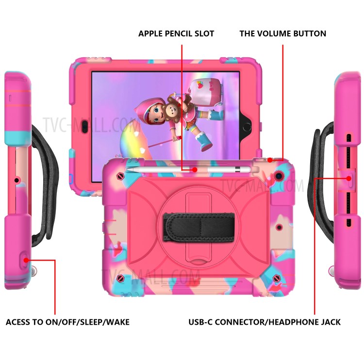 Rainbow Style 360° Swivel Handy Strap Kickstand PC Silicone Tablet Case with Shoulder Strap for iPad 10.2 (2019) - Rainbow/Rose-3