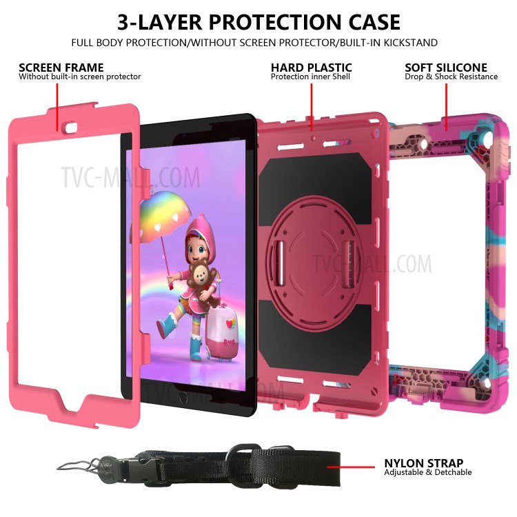 Rainbow Style 360° Swivel Handy Strap Kickstand PC Silicone Tablet Case with Shoulder Strap for iPad 10.2 (2019) - Rainbow/Rose-4