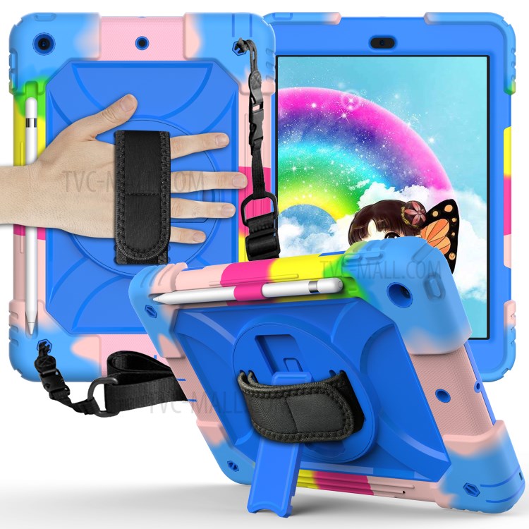 Rainbow Style 360° Swivel Handy Strap Kickstand PC Silicone Tablet Case with Shoulder Strap for iPad 10.2 (2019) - Rainbow/Blue-1