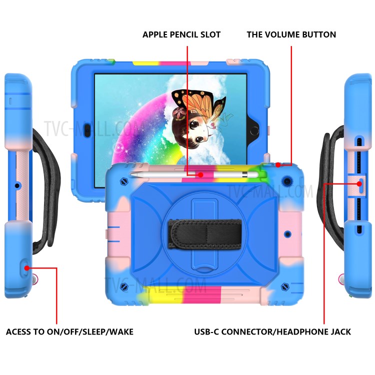 Rainbow Style 360° Swivel Handy Strap Kickstand PC Silicone Tablet Case with Shoulder Strap for iPad 10.2 (2019) - Rainbow/Blue-3