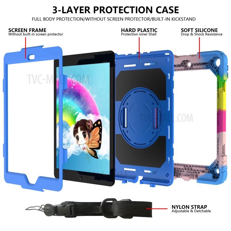 Rainbow Style 360° Swivel Handy Strap Kickstand PC Silicone Tablet Case with Shoulder Strap for iPad 10.2 (2019) - Rainbow/Blue-4
