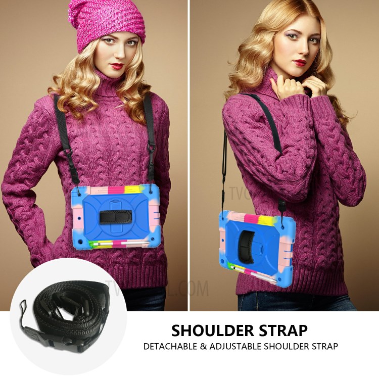 Rainbow Style 360° Swivel Handy Strap Kickstand PC Silicone Tablet Case with Shoulder Strap for iPad 10.2 (2019) - Rainbow/Blue-7