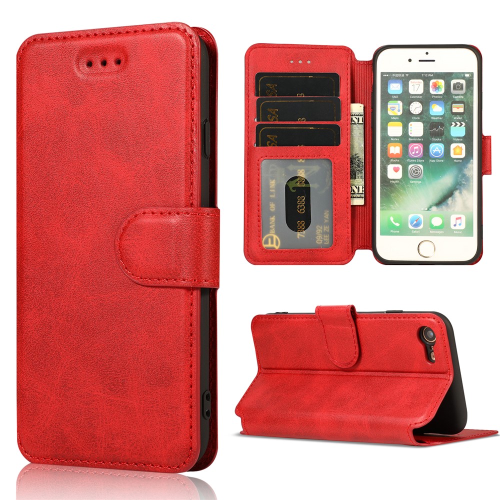 PU Leather + TPU Wallet Stand Phone Cover for iPhone SE (2nd Generation)/8/7 - Red-1