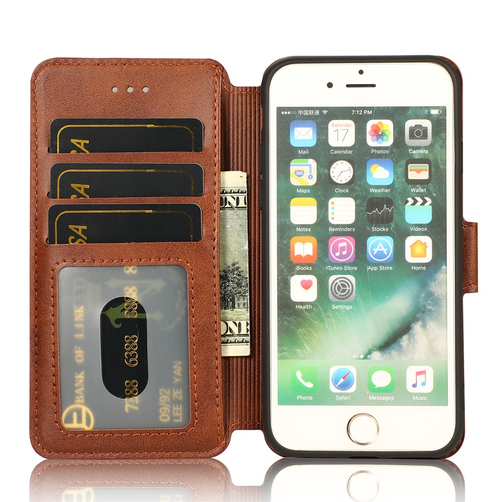 PU Leather + TPU Wallet Stand Phone Cover for iPhone SE (2nd Generation)/8/7 - Brown-4