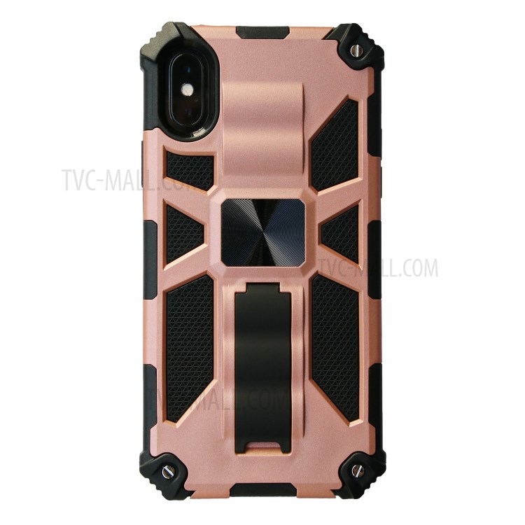 Kickstand Armor Dropproof PC TPU Hybrid Case with Magnetic Metal Sheet for iPhone XS/X 5.8-inch - Rose Gold-1