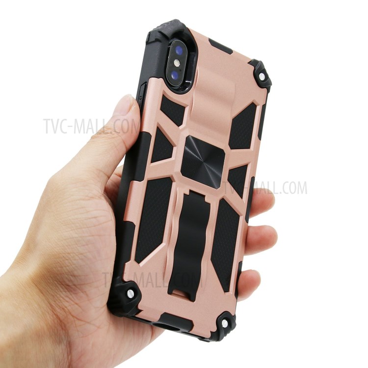 Kickstand Armor Dropproof PC TPU Hybrid Case with Magnetic Metal Sheet for iPhone XS/X 5.8-inch - Rose Gold-4