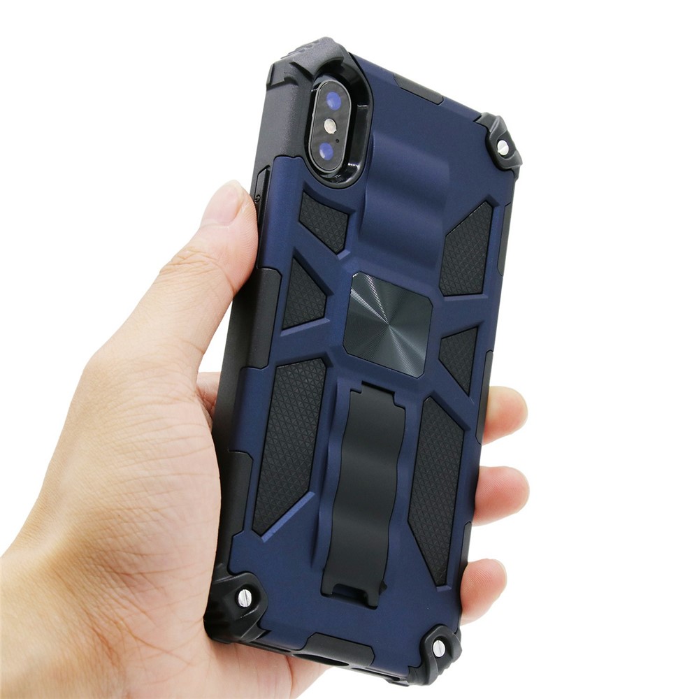 Case Híbrida de TPU de PC Con Armadura de Kickstand Con Lámina de Metal Magnético Para Iphone XS/X 5.8 Pulgadas - Azul-4