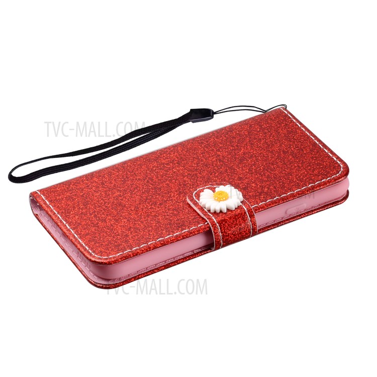 Daisy Decor Sparkling Card Holder Leather Phone Case for Apple iPhone 8 / 7 / SE (2nd Generation) - Red-5