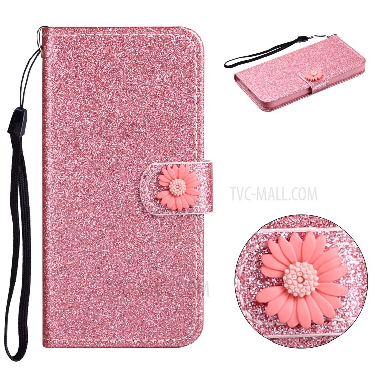 Daisy Decor Sparkling Card Holder Leather Phone Case for Apple iPhone 8 / 7 / SE (2nd Generation) - Pink-1