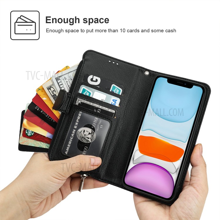 Microfiber Leather Zipper Pocket Wallet Case for Apple iPhone 11 6.1 inch - Black-2