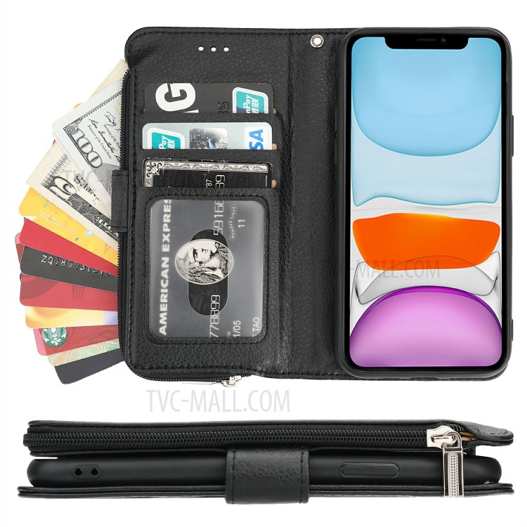 Microfiber Leather Zipper Pocket Wallet Case for Apple iPhone 11 6.1 inch - Black-6