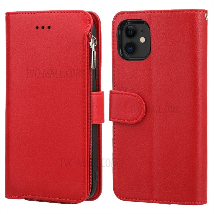 Microfiber Leather Zipper Pocket Wallet Case for Apple iPhone 11 6.1 inch - Red-1